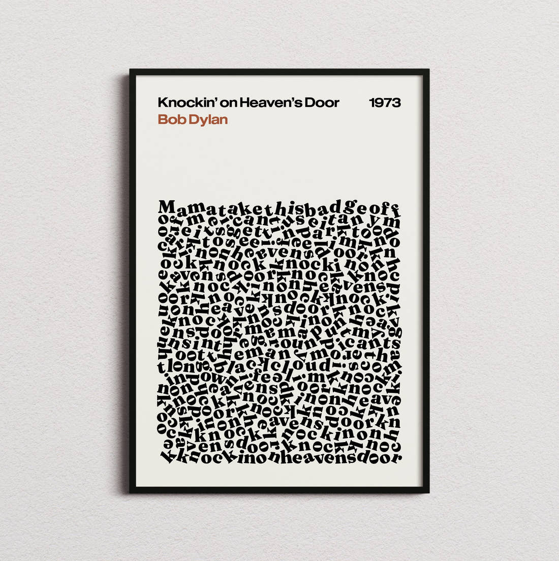 Bob Dylan Knockin' on Heavens' Door Lyric Print in the cream colourway, framed