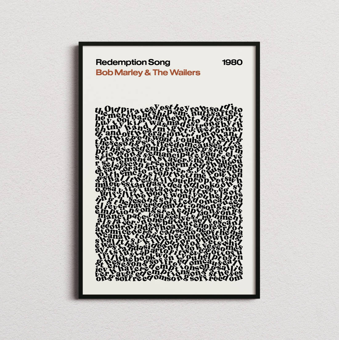 Bob Marley & The Wailers Redemption Song Lyric Print in the cream colourway, framed