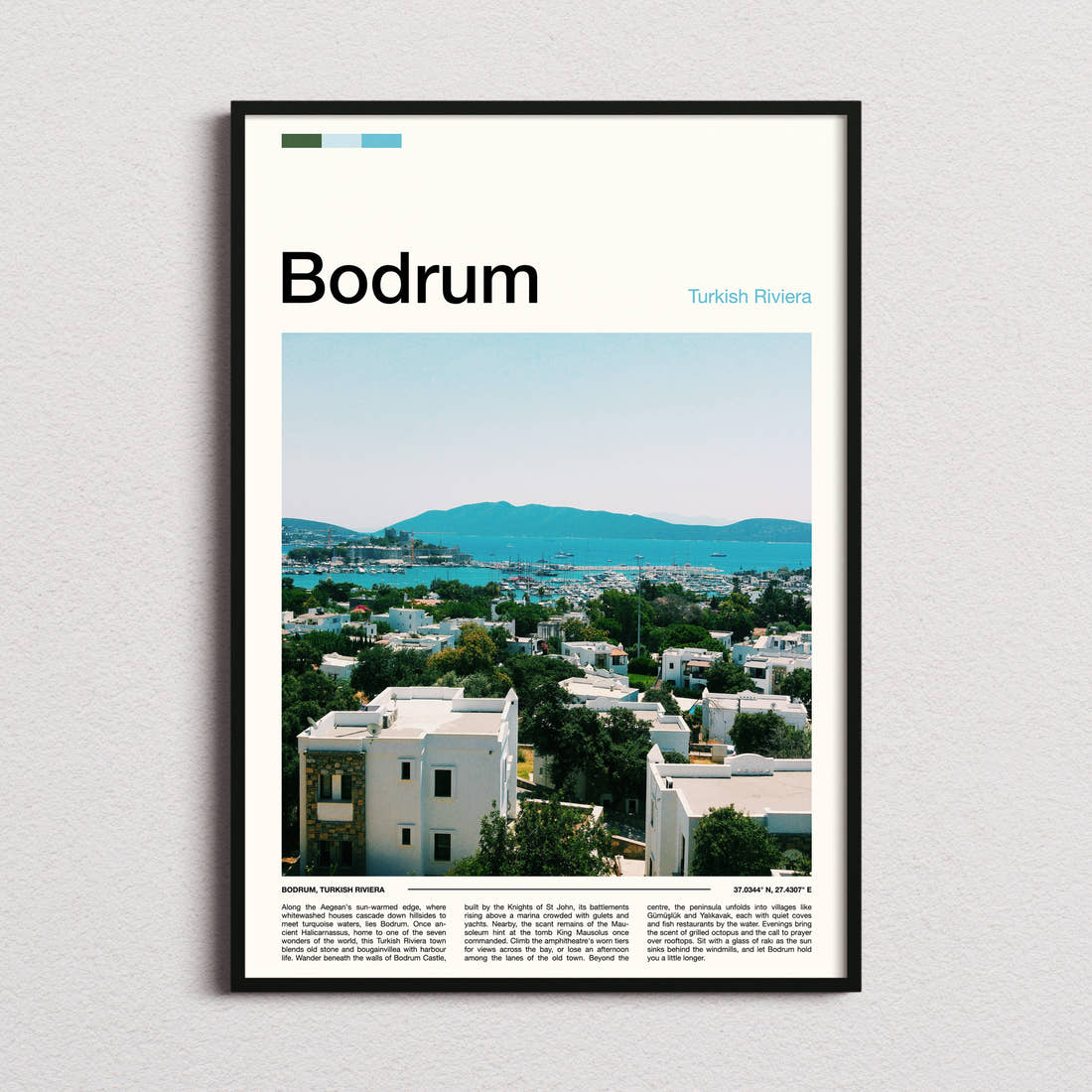 Bodrum Harbour Town View Travel Print framed and photographed straight on
