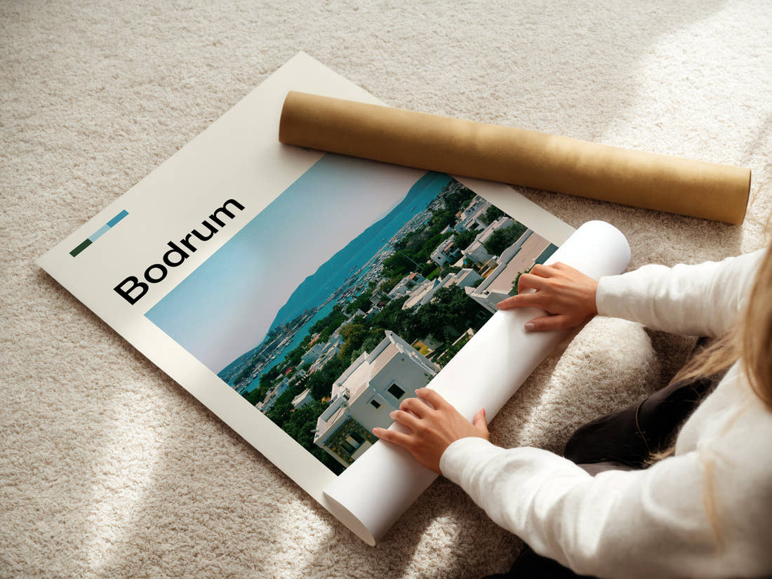 Bodrum Harbour Town View Travel Print being unrolled from its postal tube