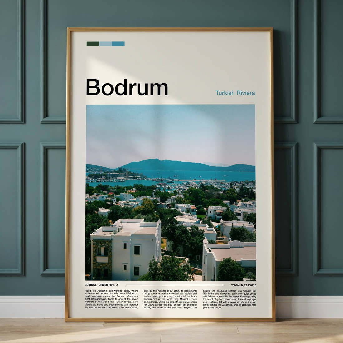 Bodrum Harbour Town View Travel Print framed on the wall of a calm, neutral bedroom