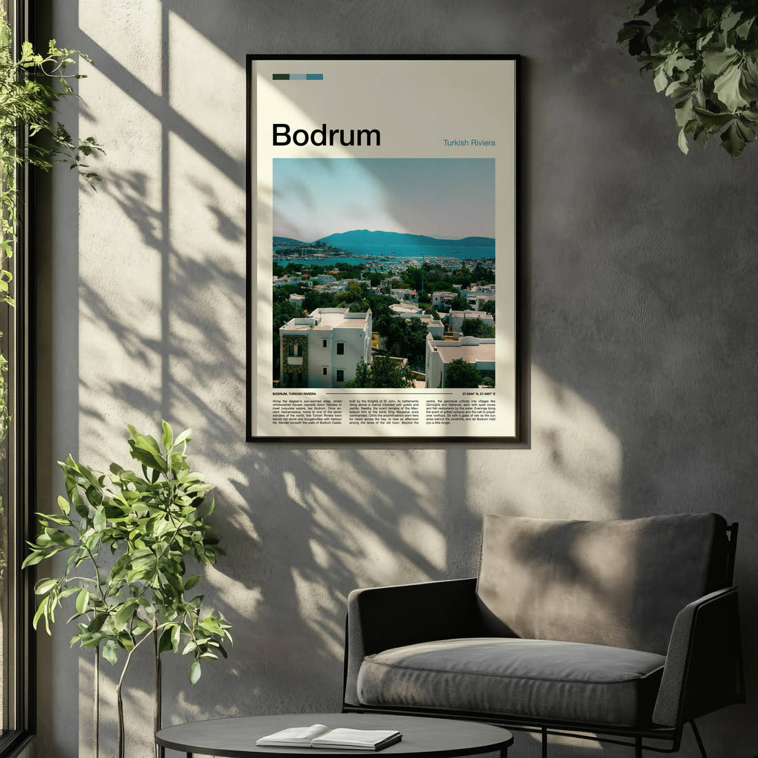 Bodrum Harbour Town View Travel Print framed on the wall of a relaxed living room