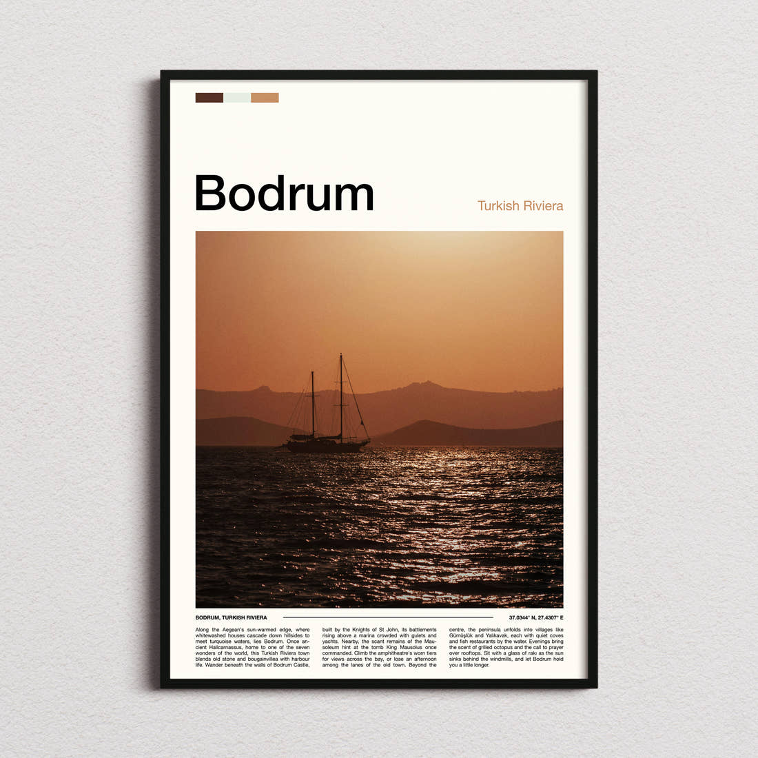 Bodrum Sunset Sailing Boat Travel Print framed and photographed straight on