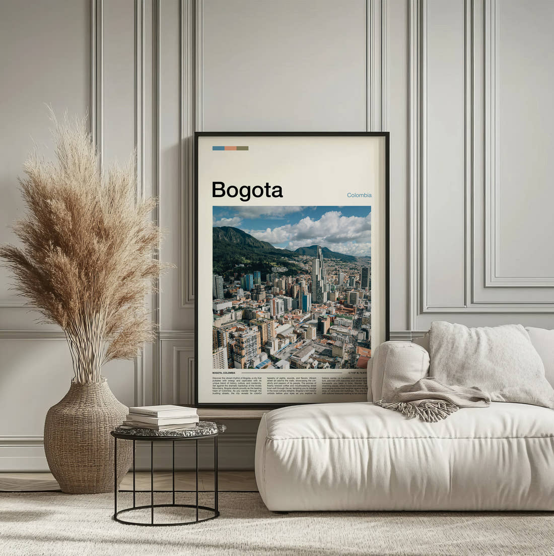 Bogota City Below The Mountains Travel Print framed on the wall of a calm, neutral bedroom