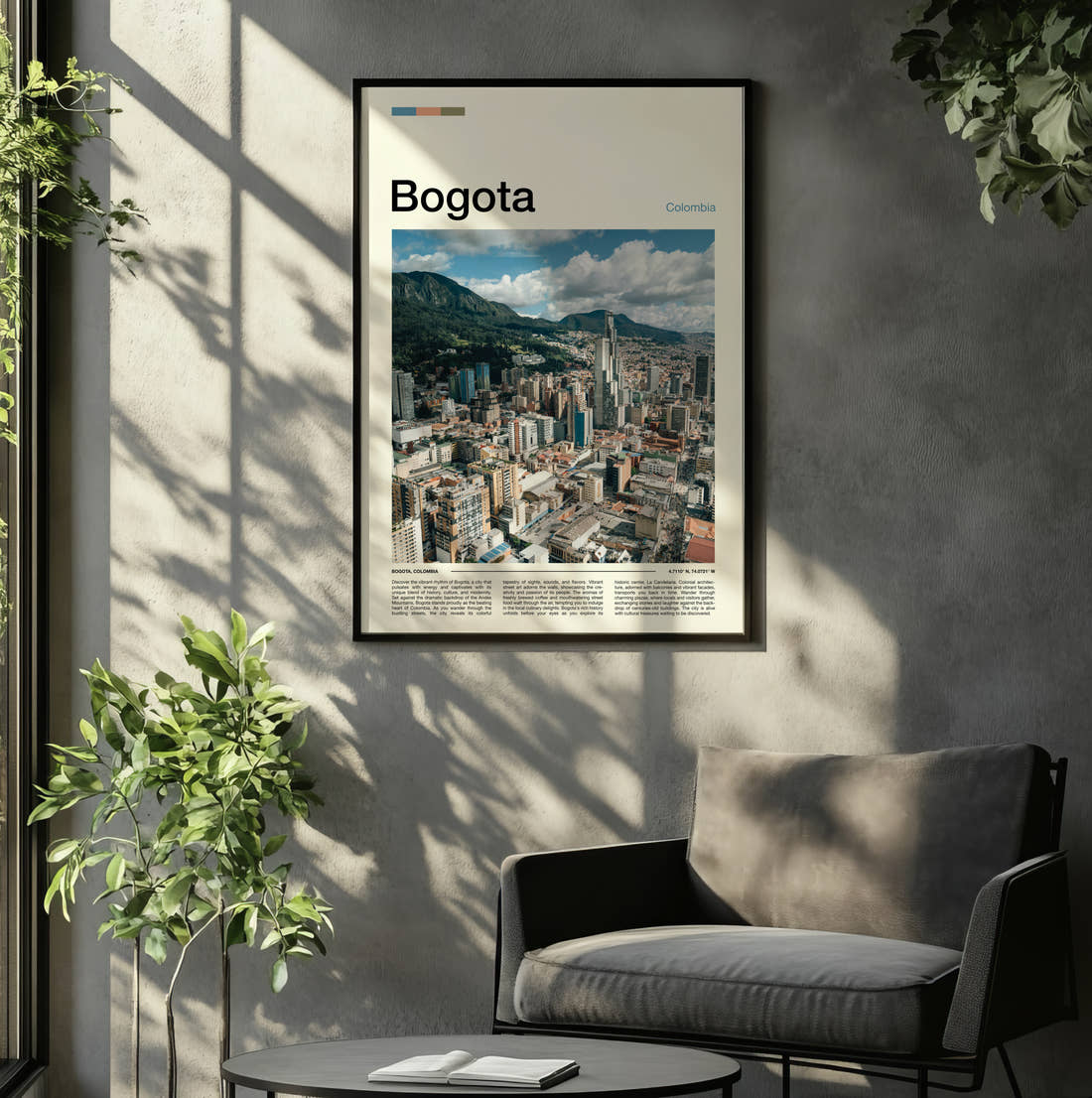 Bogota City Below The Mountains Travel Print framed on the wall of a relaxed living room