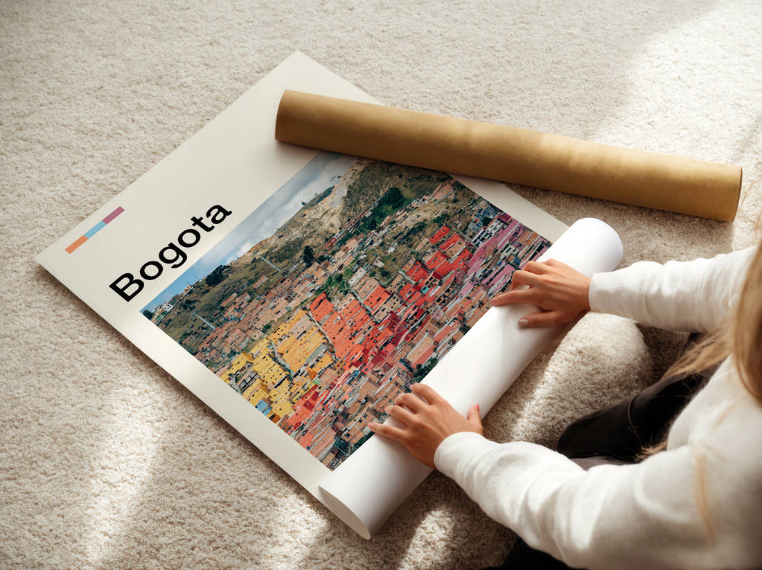 Bogota Colourful Hillside Houses Travel Print being unrolled from its postal tube