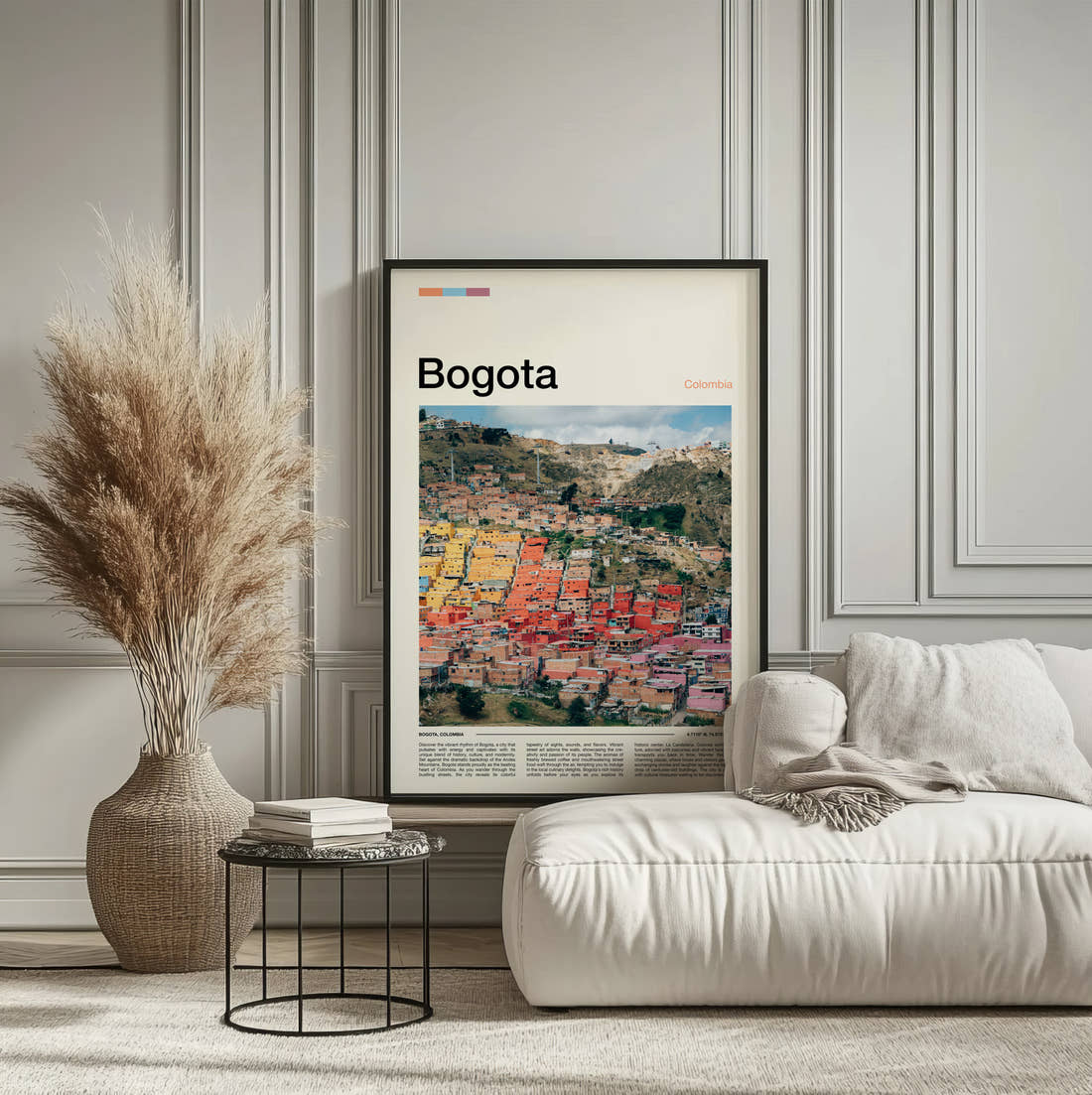 Bogota Colourful Hillside Houses Travel Print framed on the wall of a calm, neutral bedroom