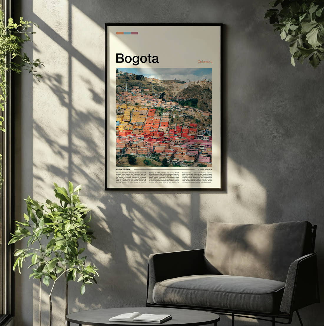 Bogota Colourful Hillside Houses Travel Print framed on the wall of a relaxed living room
