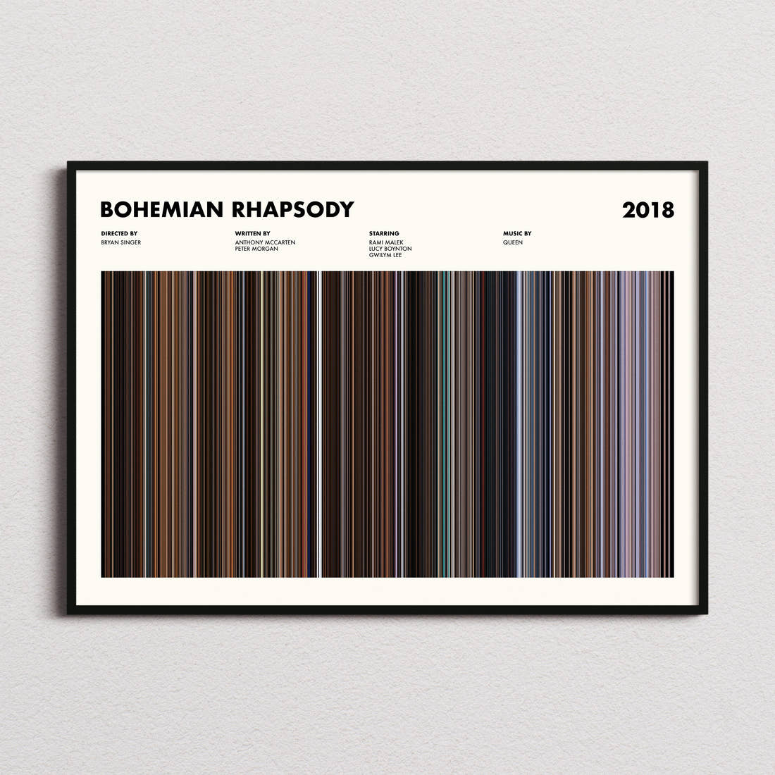 Bohemian Rhapsody Movie Barcode Poster framed and photographed straight on
