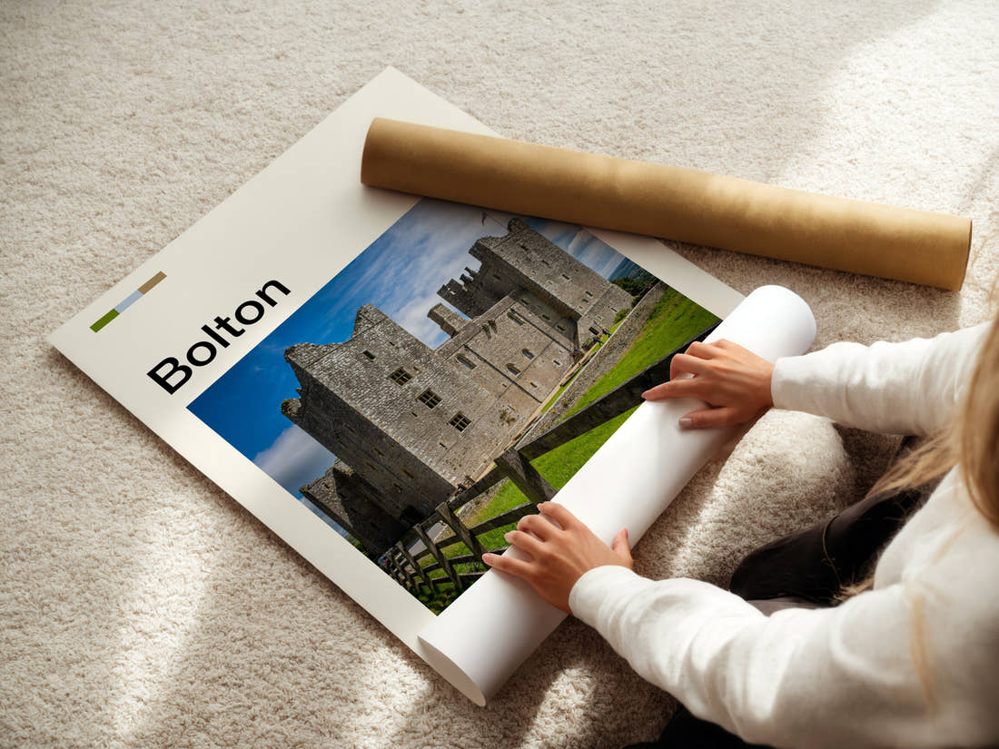 Bolton Stone Castle Facade Travel Print being unrolled from its postal tube