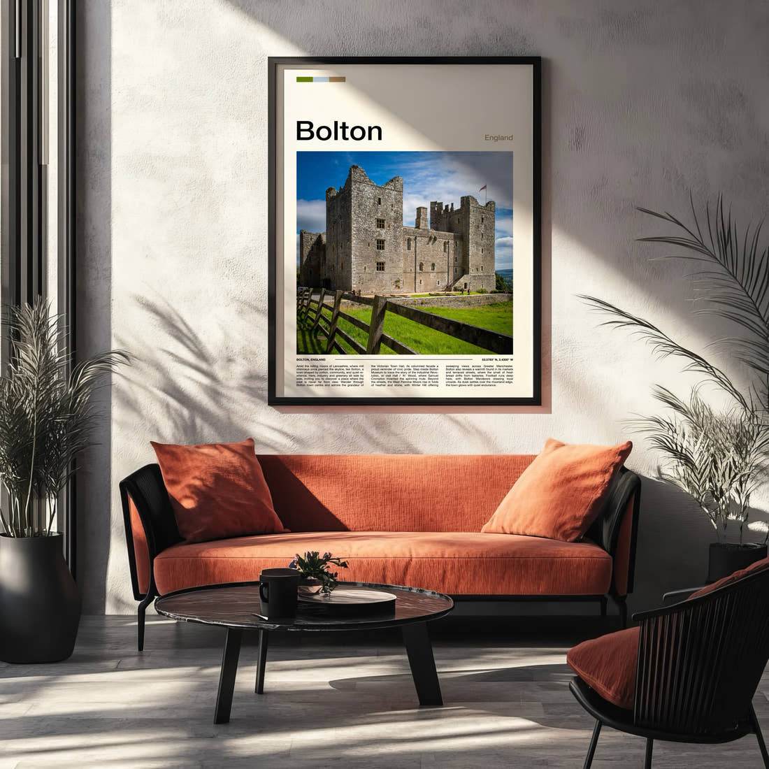 Bolton Stone Castle Facade Travel Print framed on the wall of a modern living room
