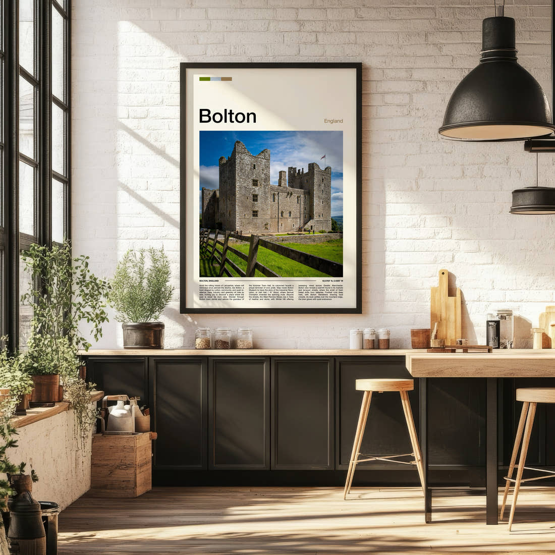 Bolton Stone Castle Facade Travel Print framed on the wall of a bright kitchen and dining space