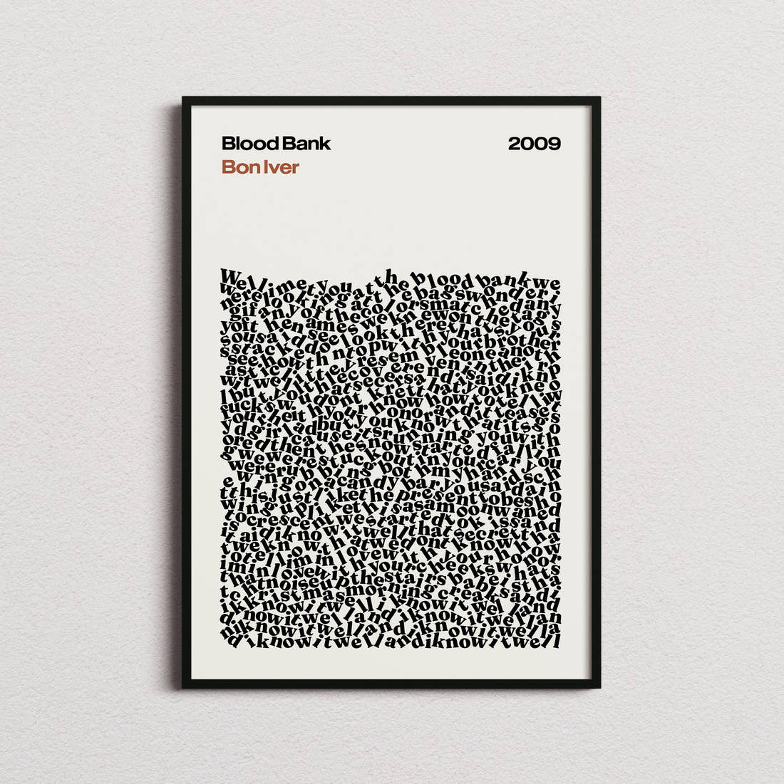 Bon Iver Blood Bank Lyric Print in the cream colourway, framed