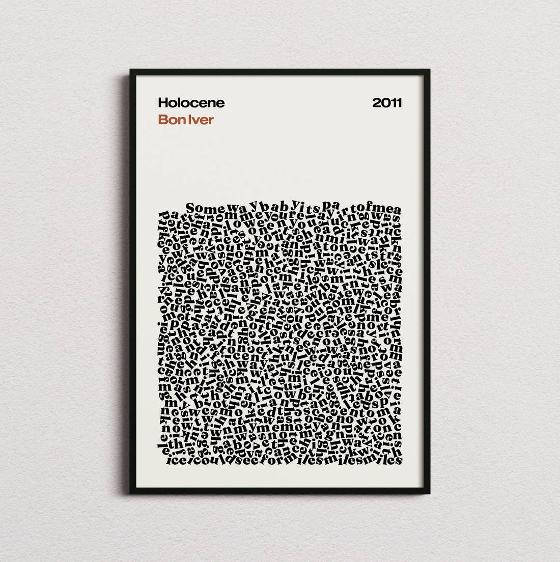 Bon Iver Holocene Lyric Print in the cream colourway, framed