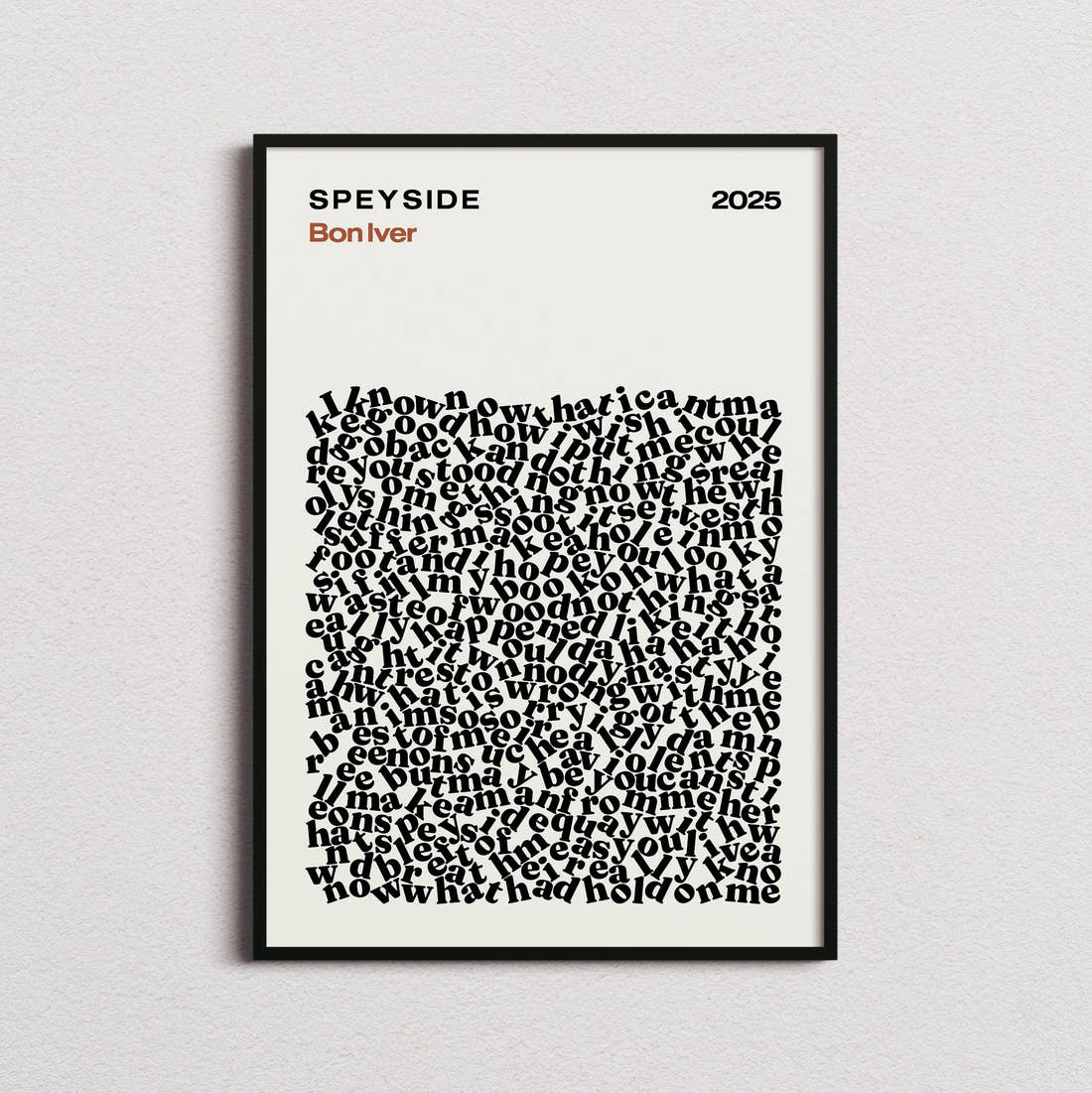 Bon Iver S P E Y S I D E Lyric Print in the cream colourway, framed