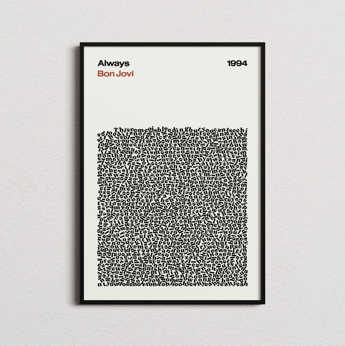 Bon Jovi Always Lyric Print in the cream colourway, framed