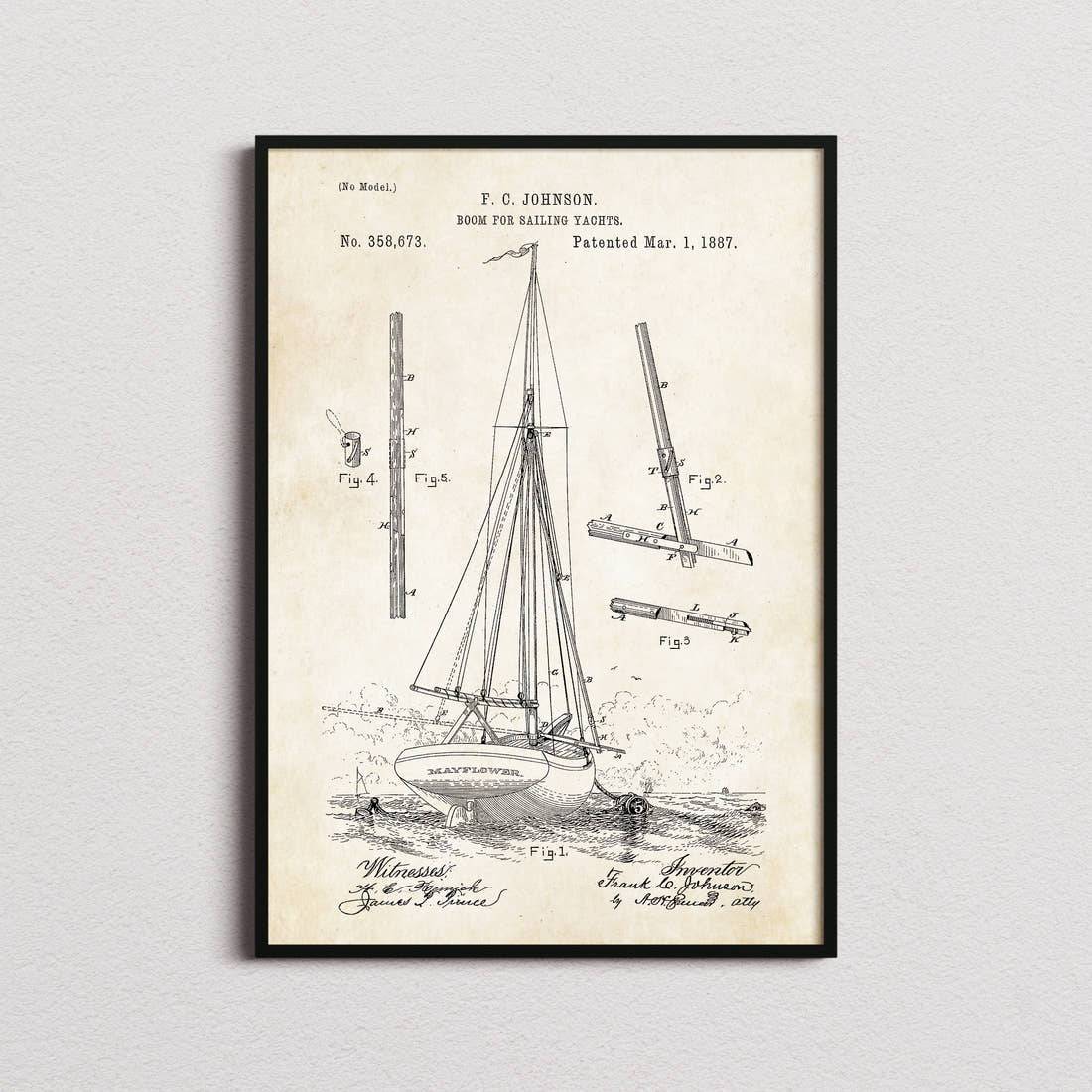 Boom For Sailing Yachts Patent Print in the aged paper colourway, framed