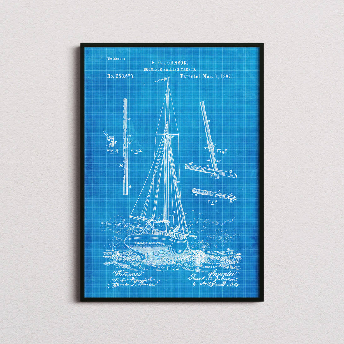 Boom For Sailing Yachts Patent Print in the blueprint colourway, framed