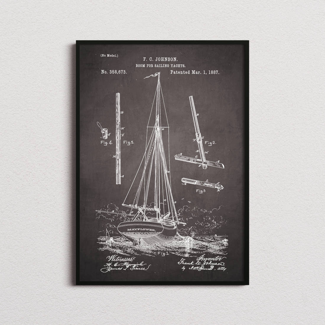 Boom For Sailing Yachts Patent Print in the blackboard colourway, framed