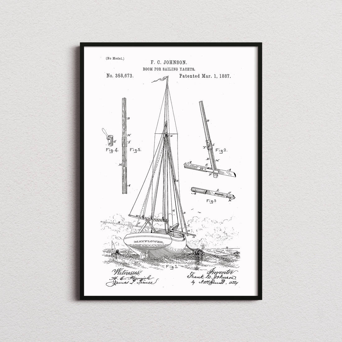 Boom For Sailing Yachts Patent Print in the white colourway, framed