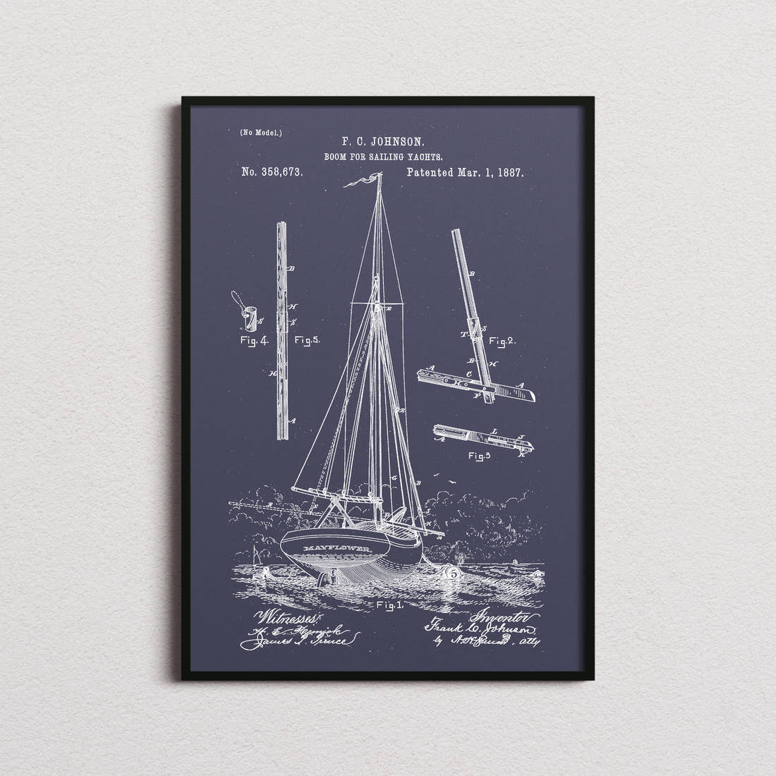 Boom For Sailing Yachts Patent Print in the navy colourway, framed