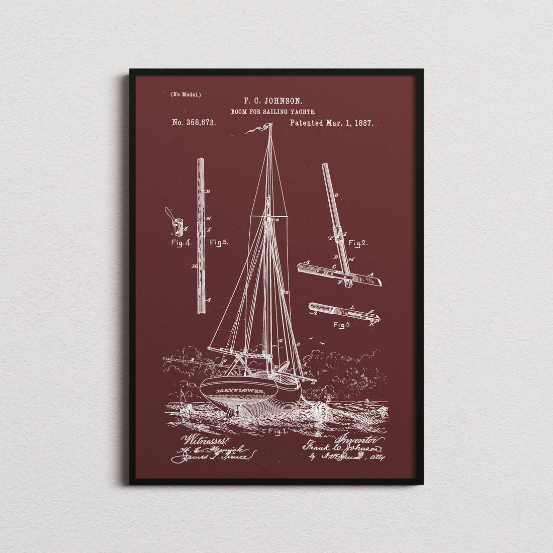 Boom For Sailing Yachts Patent Print in the burgundy colourway, framed