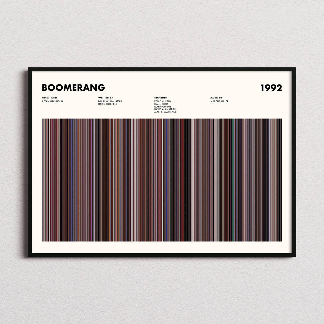 Boomerang Movie Barcode Poster framed and photographed straight on