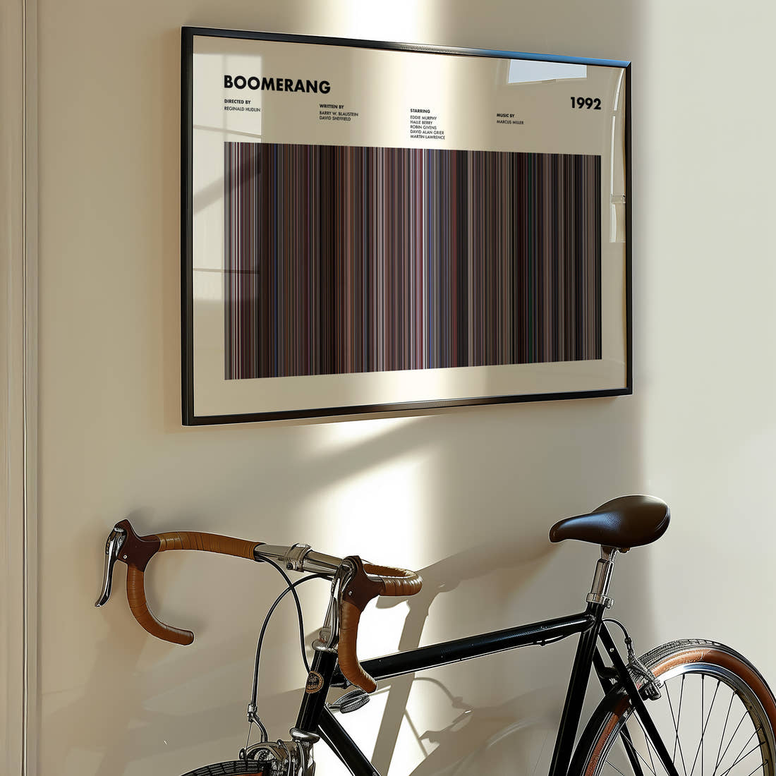 Boomerang Movie Barcode Poster framed on the wall of a styled room setting