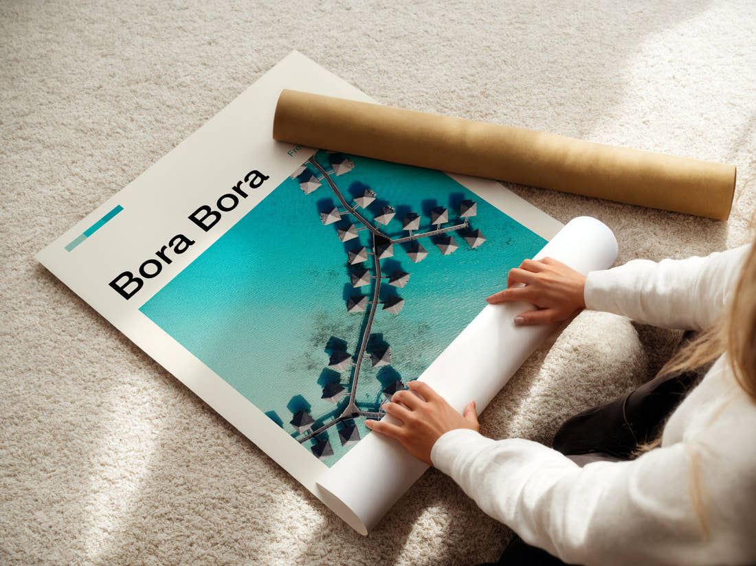 Bora Bora Overwater Bungalows Travel Print being unrolled from its postal tube