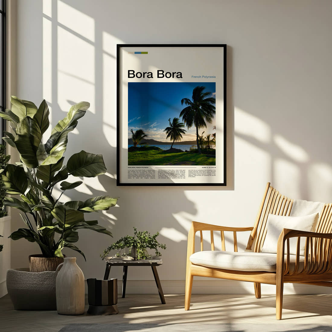 Bora Bora Palms By The Lagoon Travel Print framed on a pale wall beside houseplants