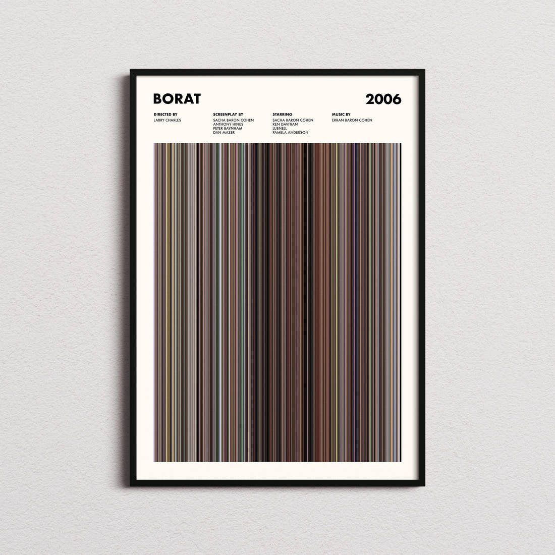 Borat Movie Barcode Poster framed on a plain studio wall