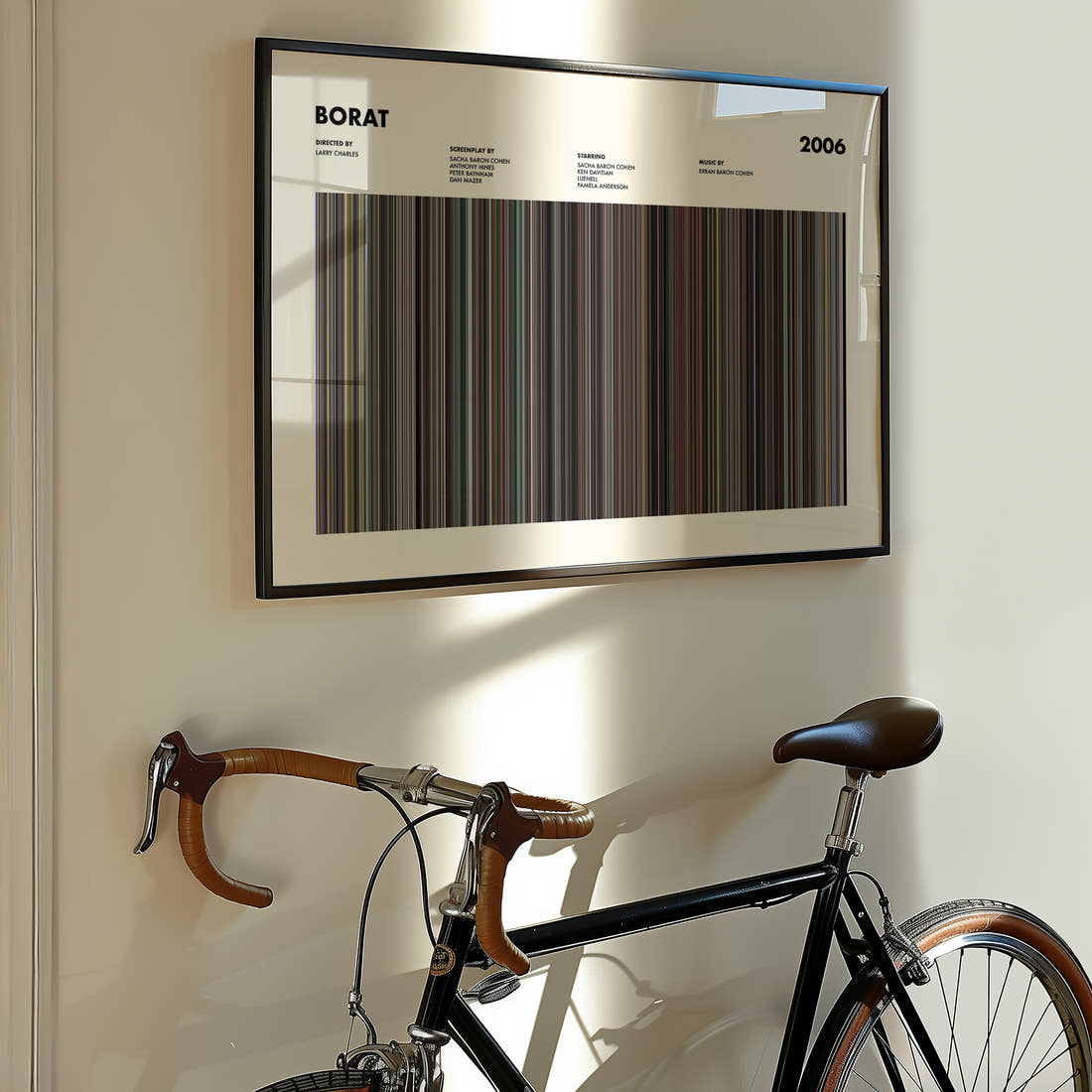 Borat Movie Barcode Poster framed on the wall of a styled room setting