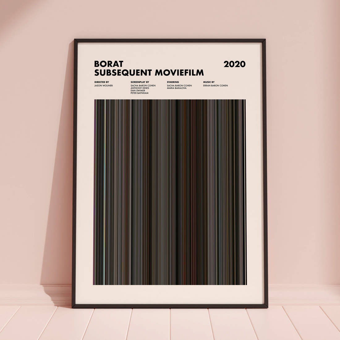 Borat Subsequent Moviefilm Movie Barcode Poster framed and leaning against a coloured wall