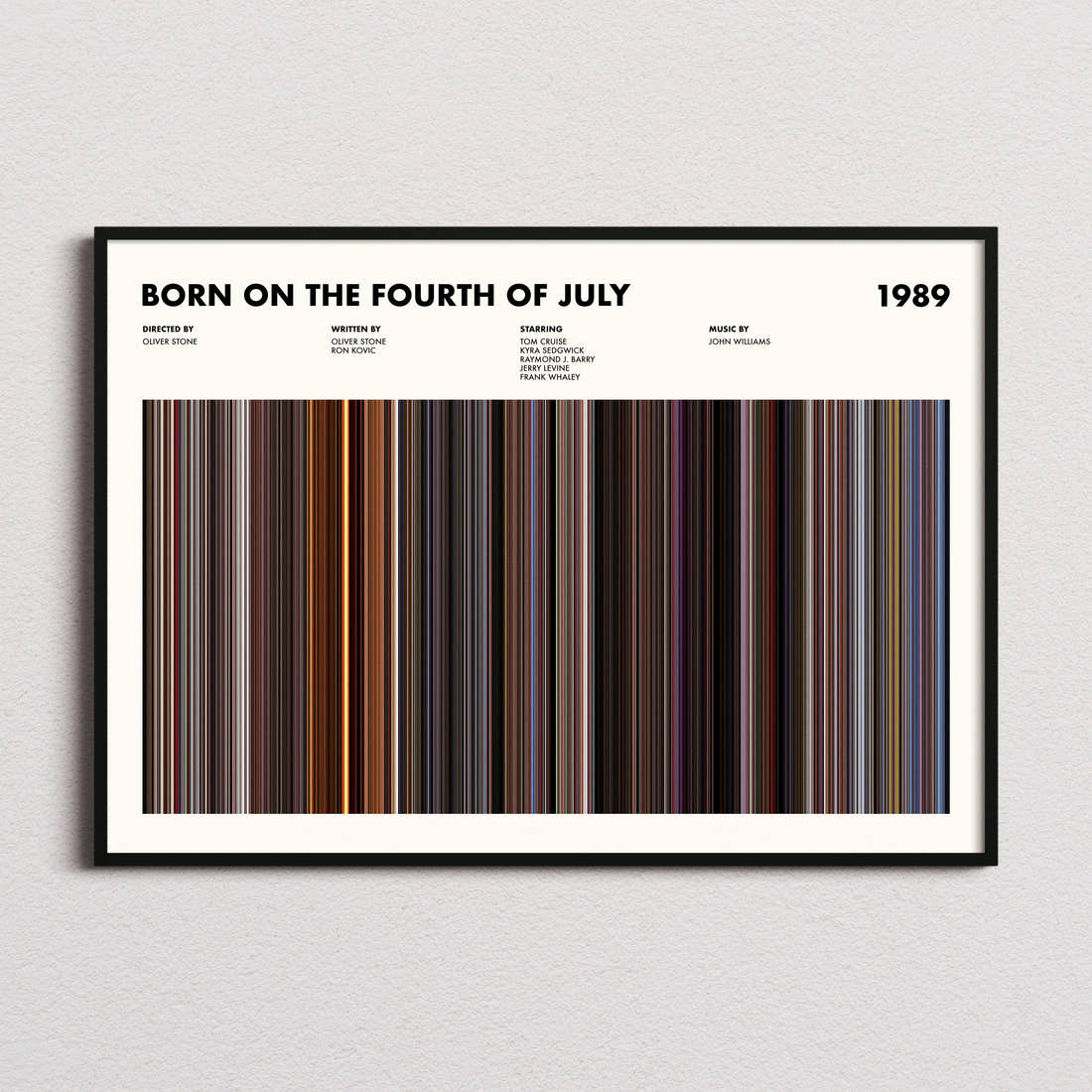 Born on the Fourth of July Movie Barcode Poster framed and photographed straight on