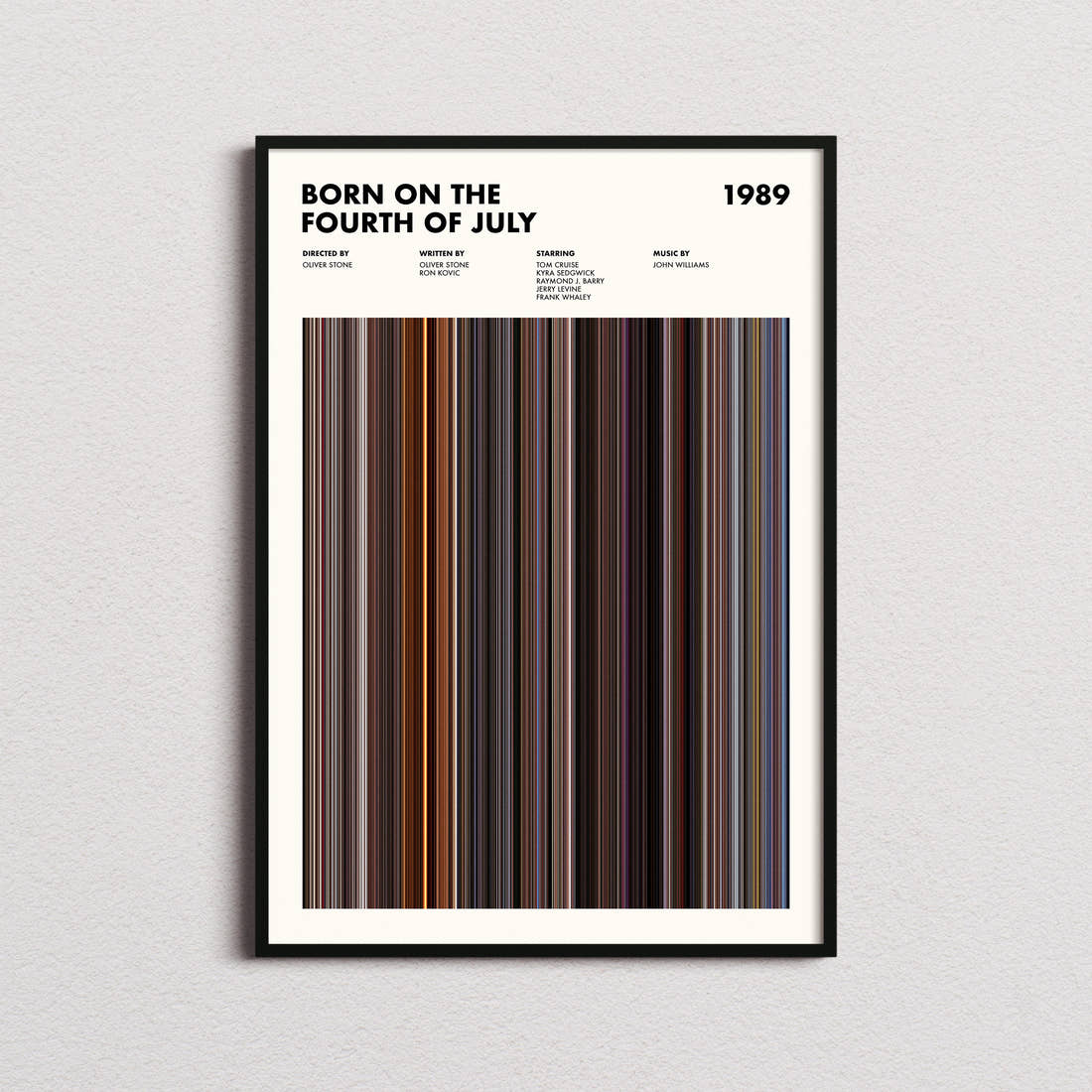 Born on the Fourth of July Movie Barcode Poster framed on a plain studio wall