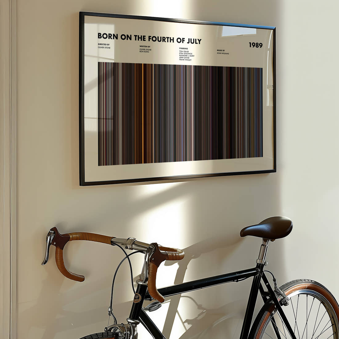 Born on the Fourth of July Movie Barcode Poster framed on the wall of a styled room setting