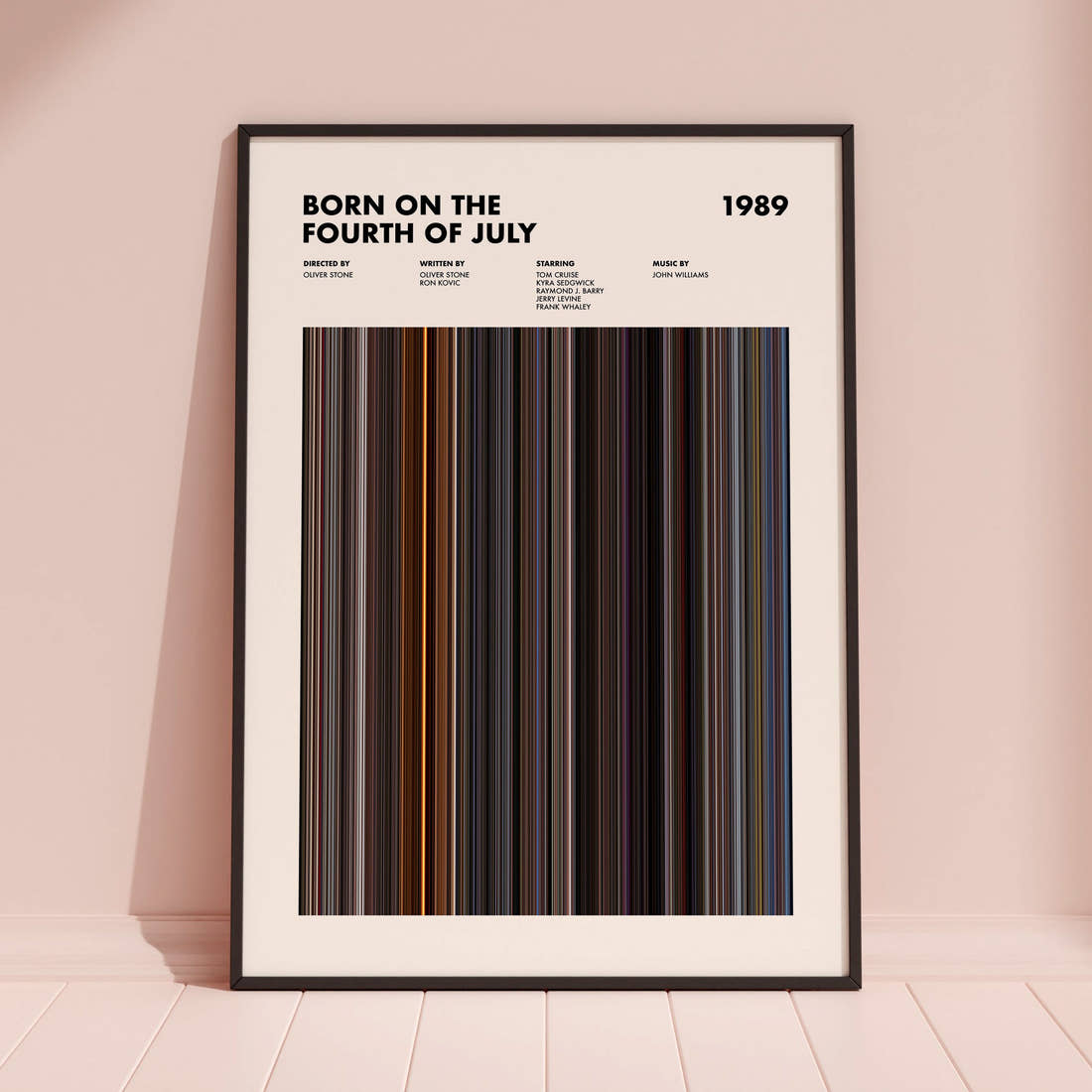 Born on the Fourth of July Movie Barcode Poster framed and leaning against a coloured wall