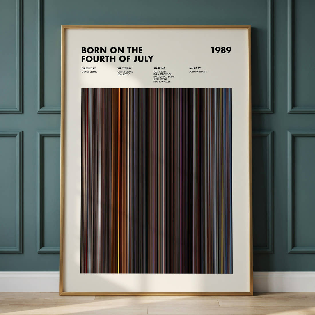 Born on the Fourth of July Movie Barcode Poster framed and leaning against a panelled wall