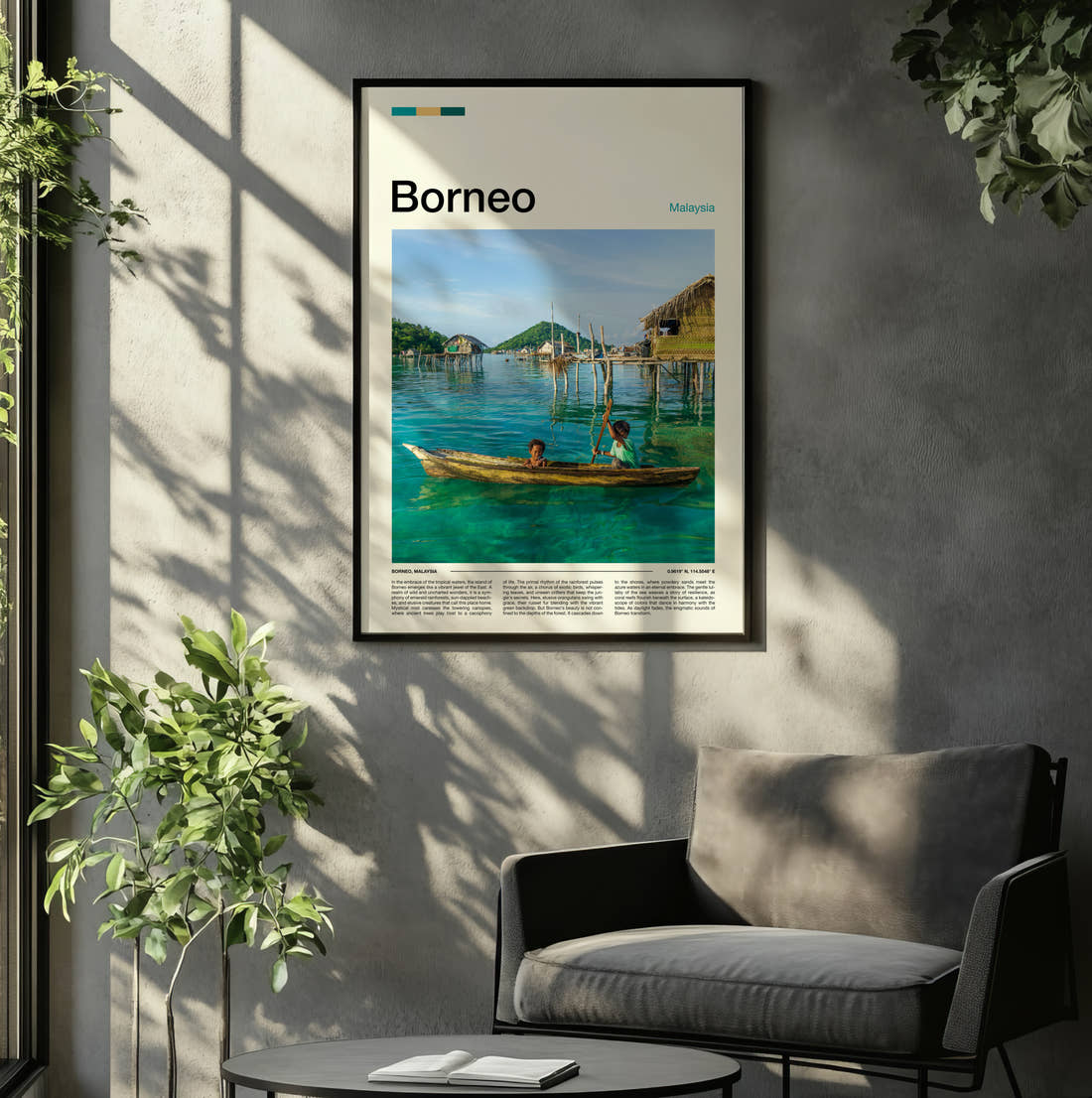 Borneo Children In A Boat Travel Print framed on the wall of a relaxed living room