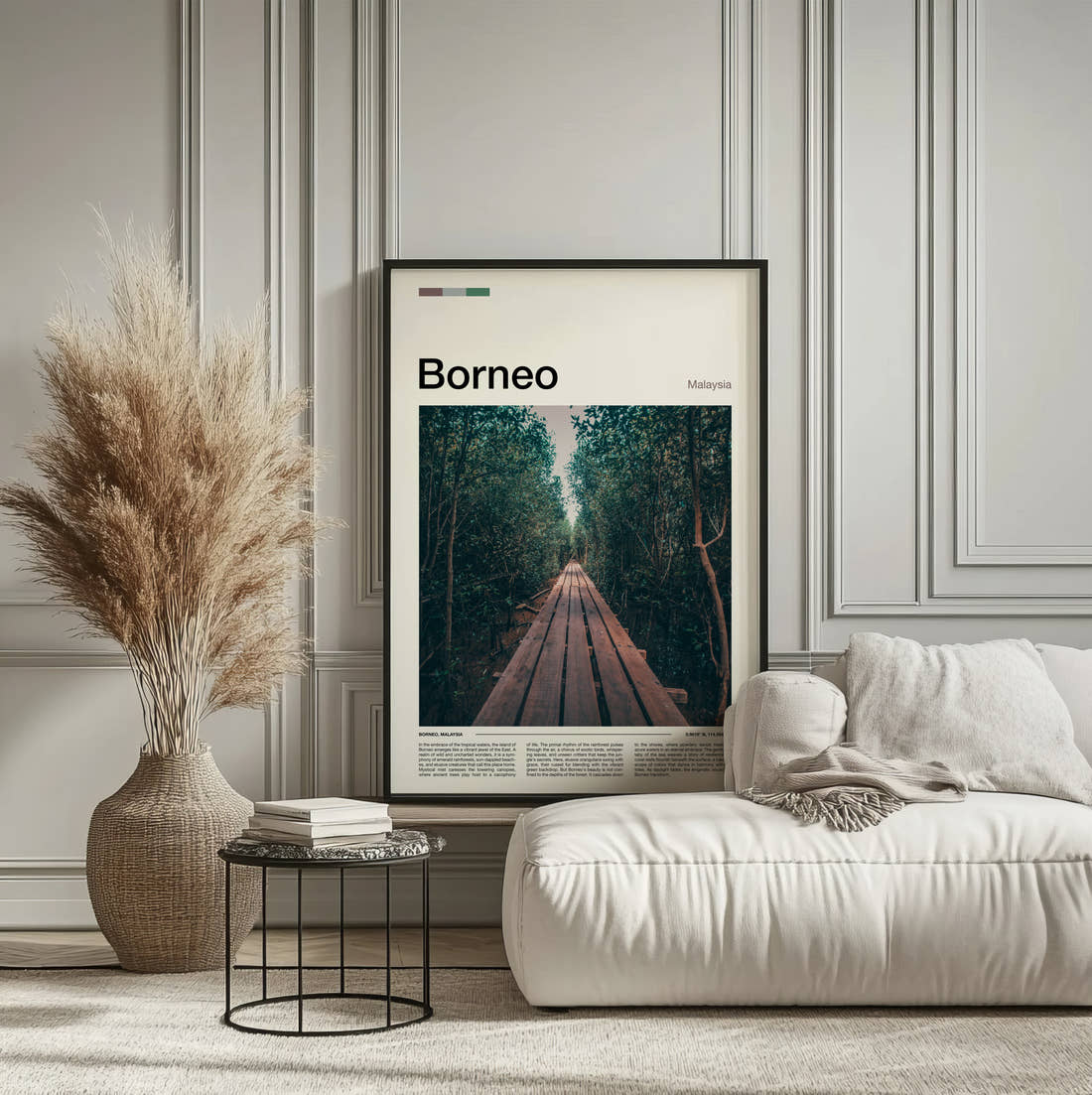 Borneo Boardwalk Through Jungle Travel Print framed on the wall of a calm, neutral bedroom