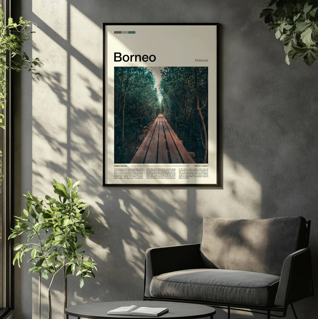 Borneo Boardwalk Through Jungle Travel Print framed on the wall of a relaxed living room
