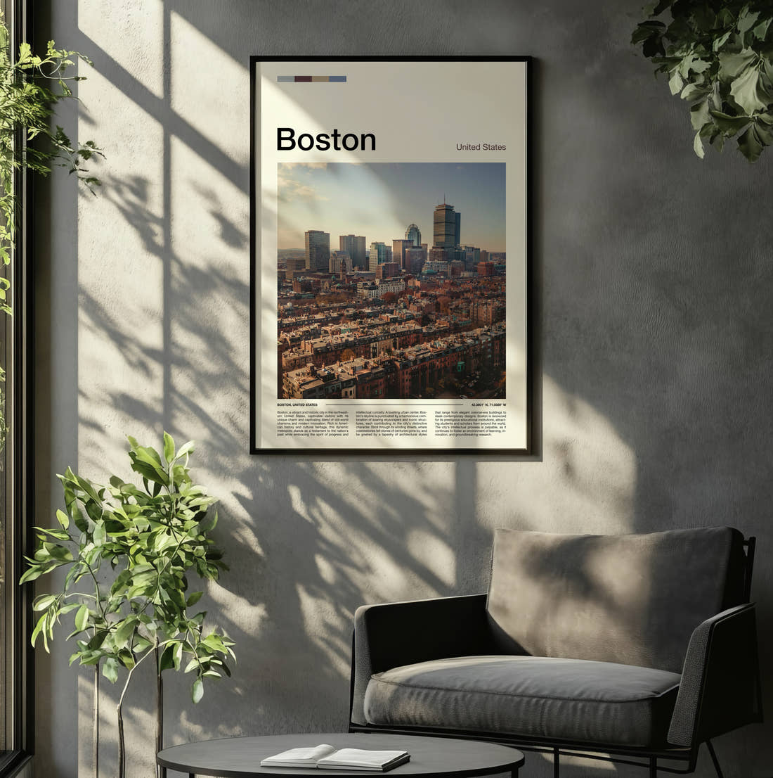 Boston Downtown Skyline Travel Print framed on the wall of a relaxed living room