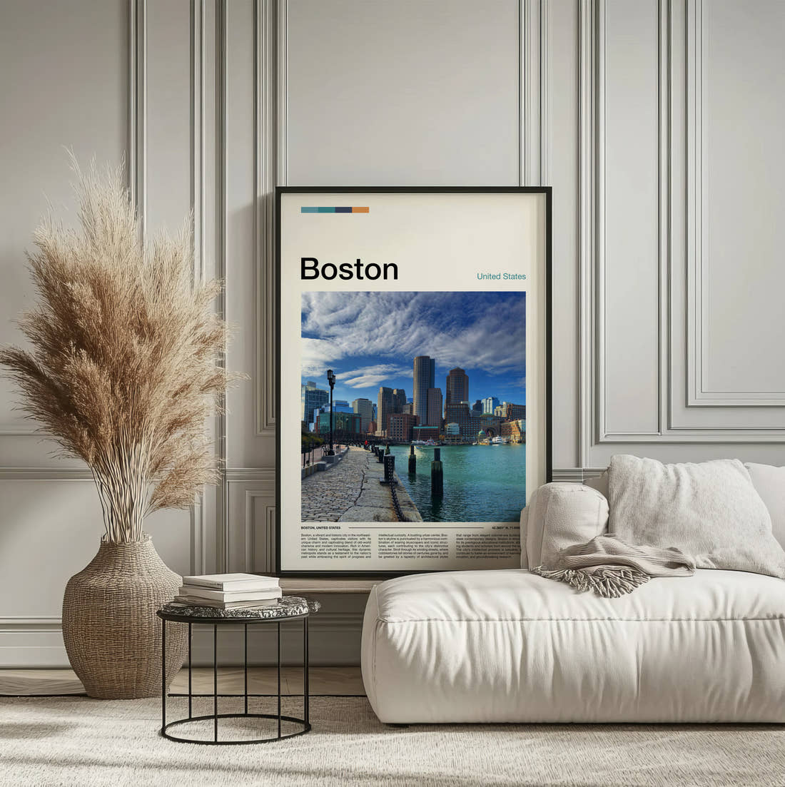 Boston Waterfront Skyline Travel Print framed on the wall of a calm, neutral bedroom