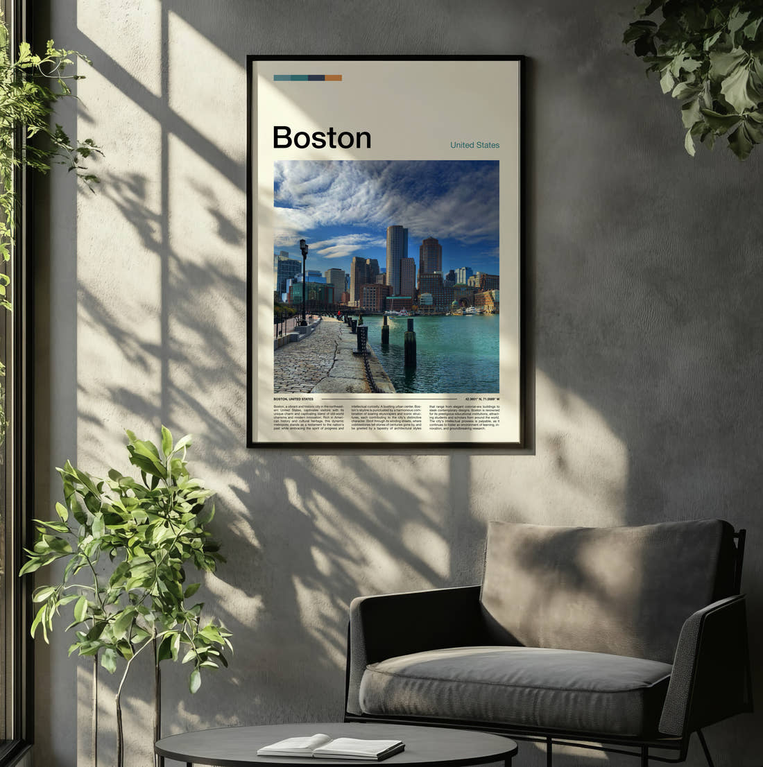 Boston Waterfront Skyline Travel Print framed on the wall of a relaxed living room