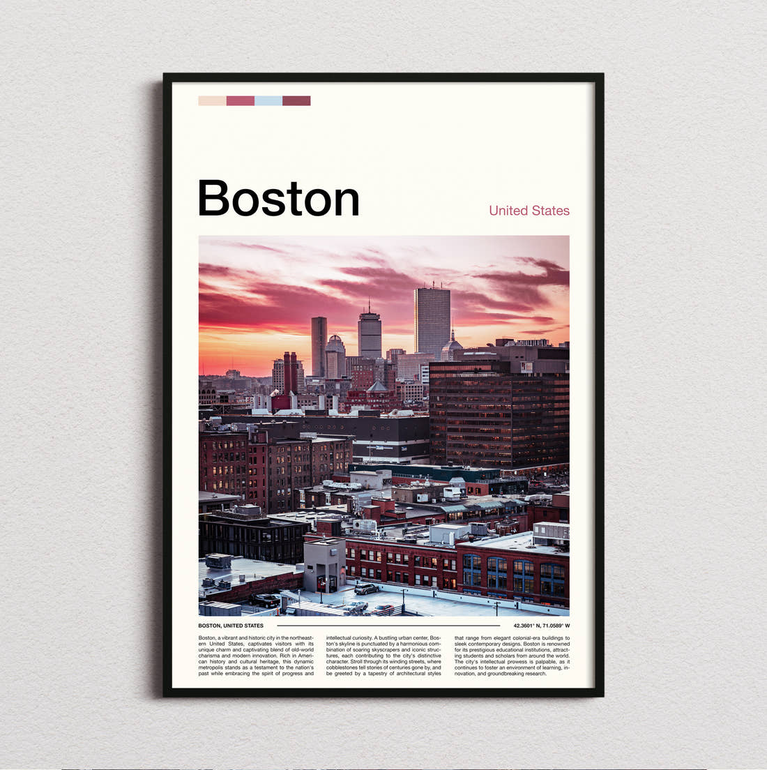 Boston Skyline At Sunset Travel Print framed and photographed straight on