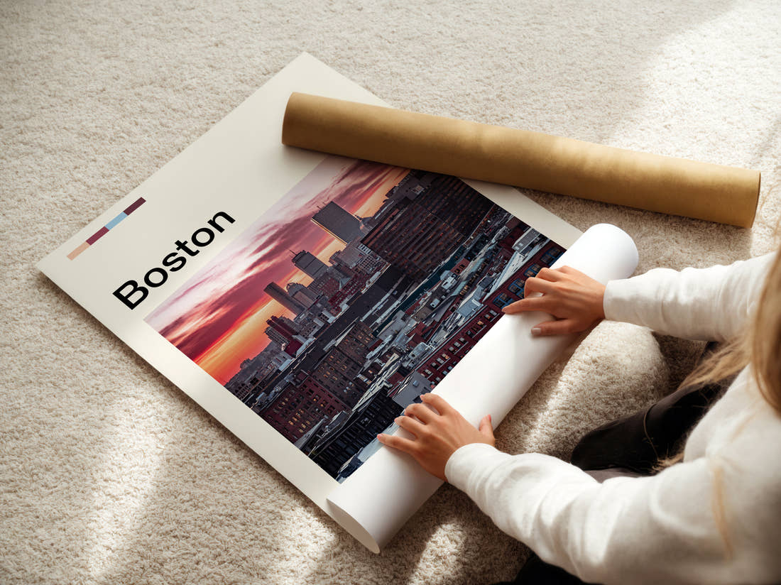 Boston Skyline At Sunset Travel Print being unrolled from its postal tube