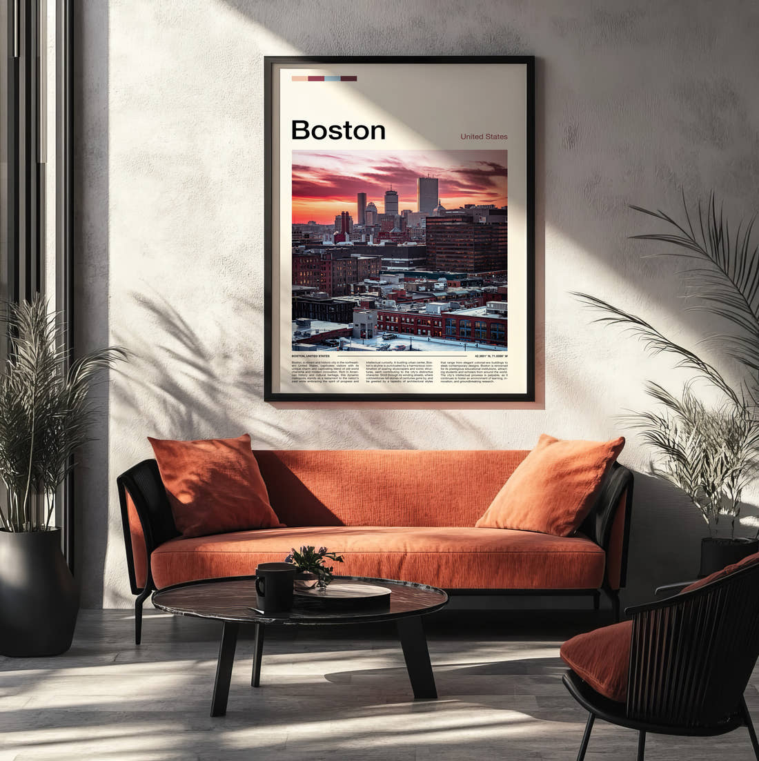 Boston Skyline At Sunset Travel Print framed on the wall of a modern living room