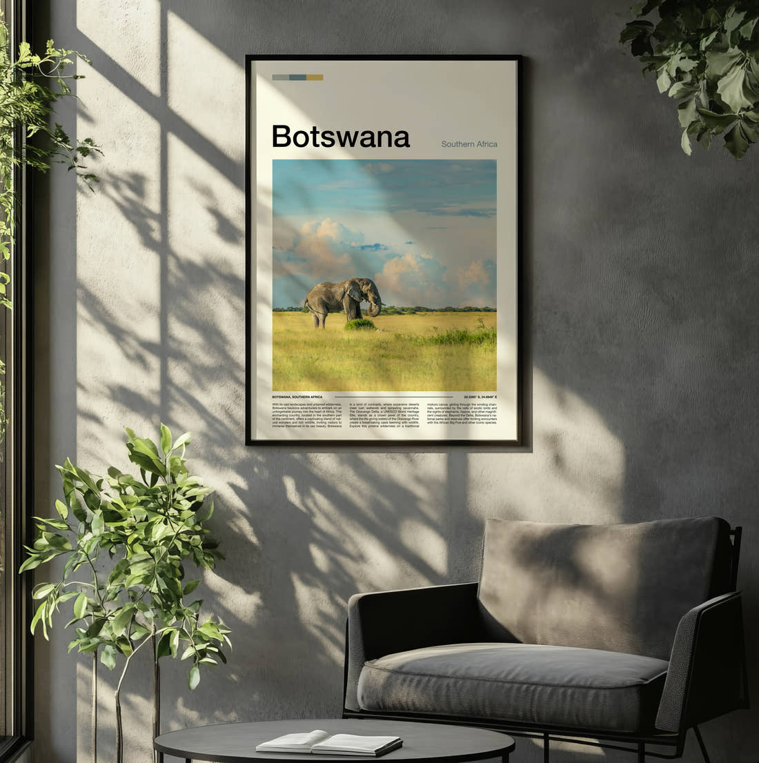 Botswana Elephant In Grassland Travel Print framed on the wall of a relaxed living room