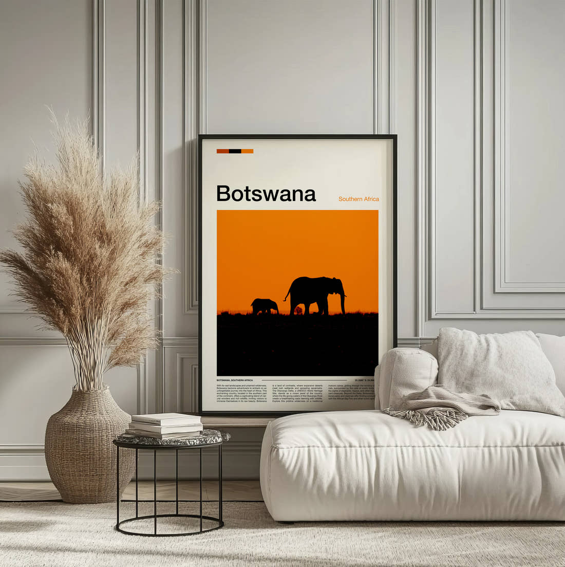Botswana Elephants At Sunset Travel Print framed on the wall of a calm, neutral bedroom