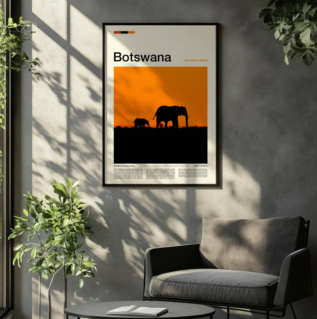 Botswana Elephants At Sunset Travel Print framed on the wall of a relaxed living room
